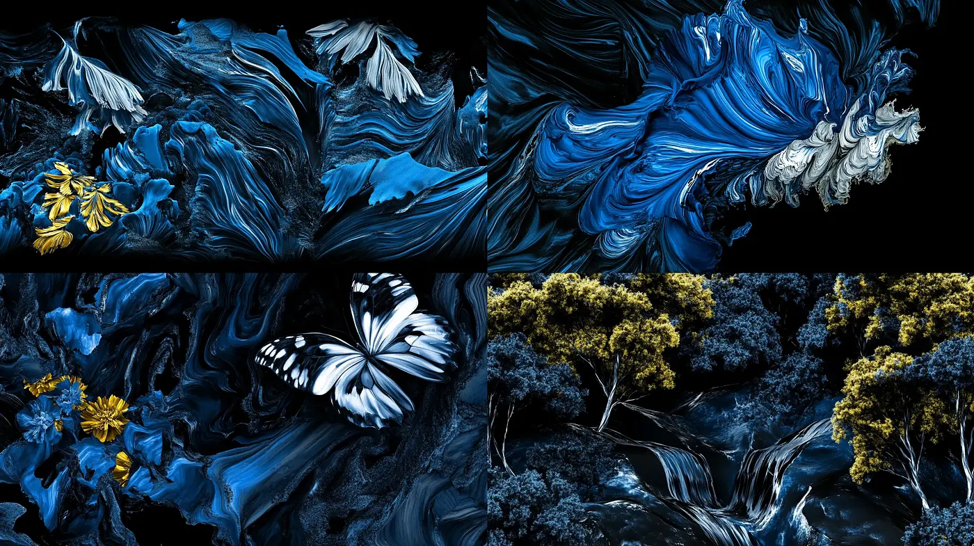 Midnight Florals and Fauna: A Luminous Dance in Indigo and Gold - Midjourney sref style