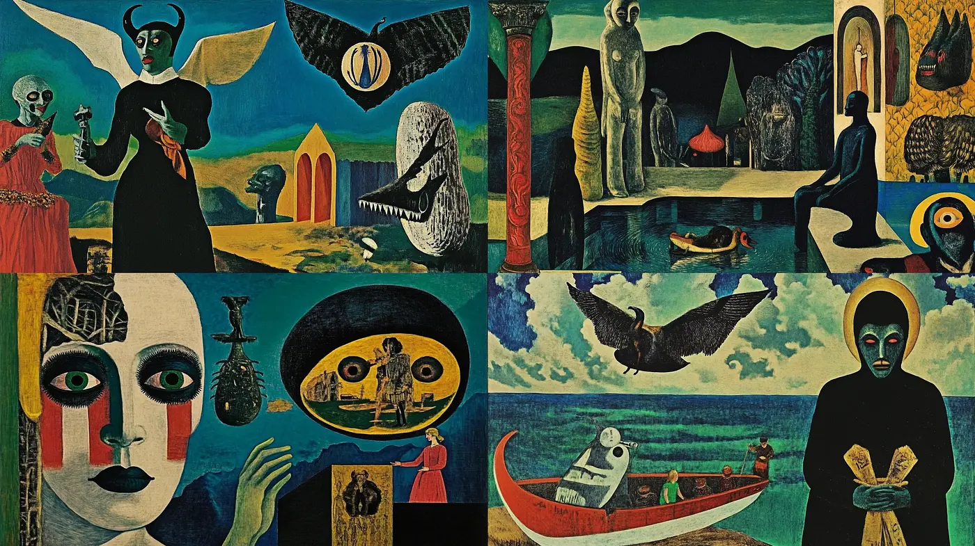Surrealist Dreamscape in Enigmatic Hues - Midjourney sref style