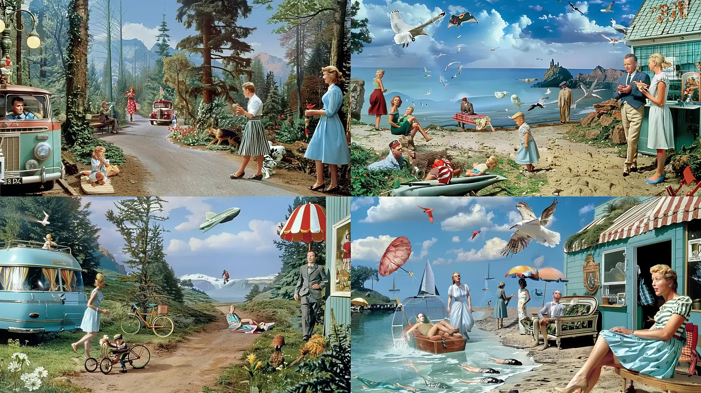 Idyllic Mid-Century Americana Scenes with a Nostalgic Palette - Midjourney sref style