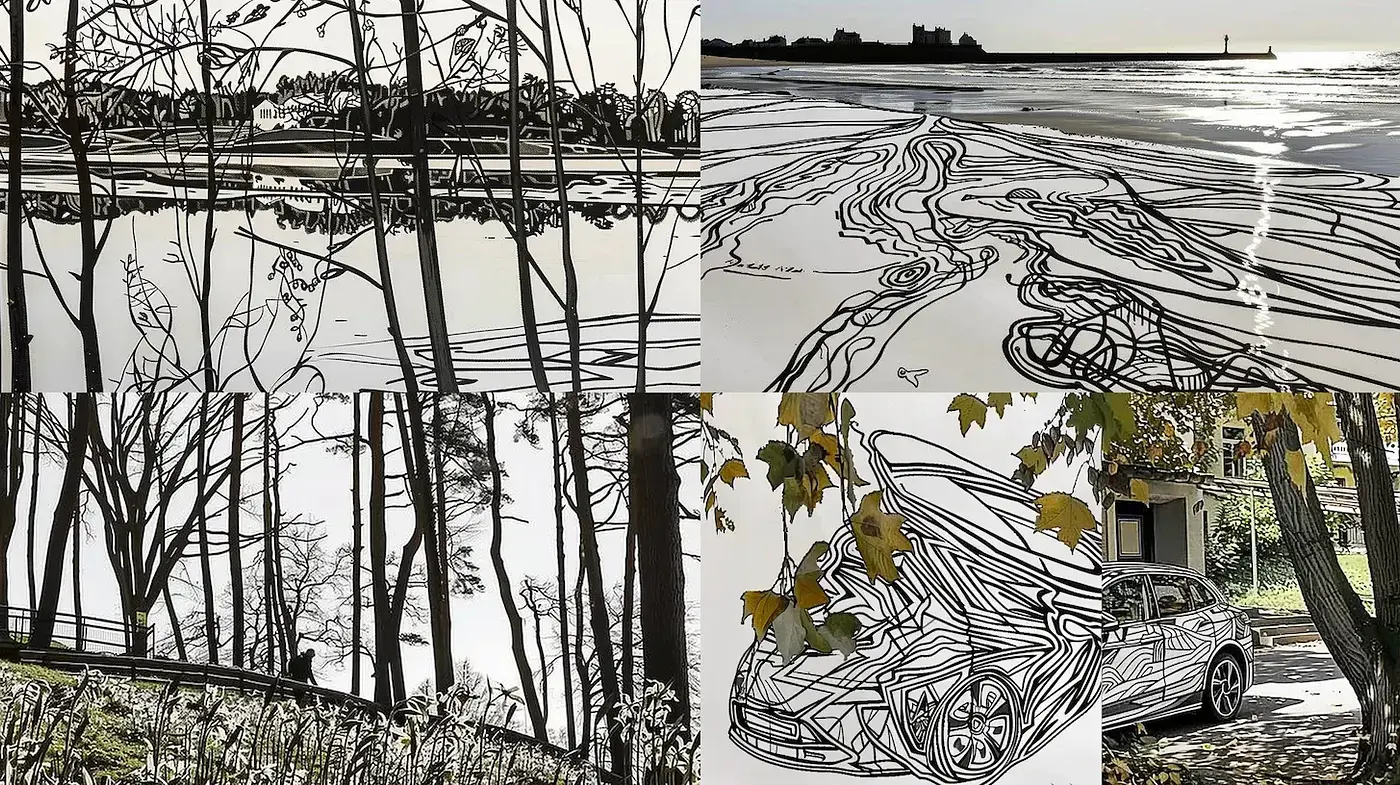 Stylized Minimalism with Line Art Emphasis and Natural Elements - Midjourney sref style