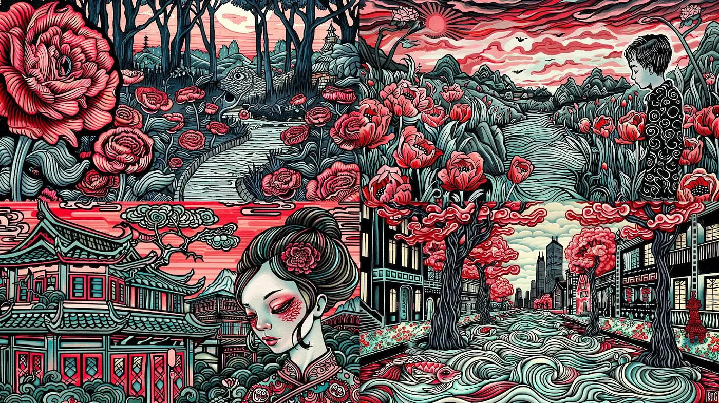 Intricately Detailed Illustrative Style with a Blend of Nature and Urban Themes - Midjourney sref style