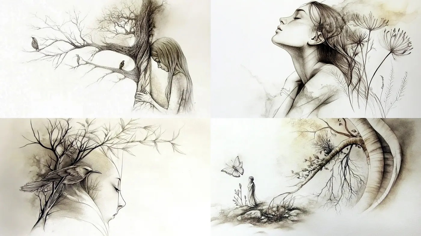 Ethereal Monochrome Fusion of Nature and Humanity - Midjourney sref style