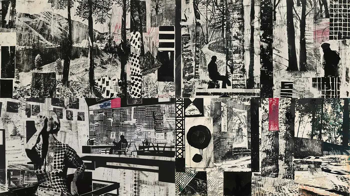 Abstract Collage of Monochromatic Urban Narratives - Midjourney sref style