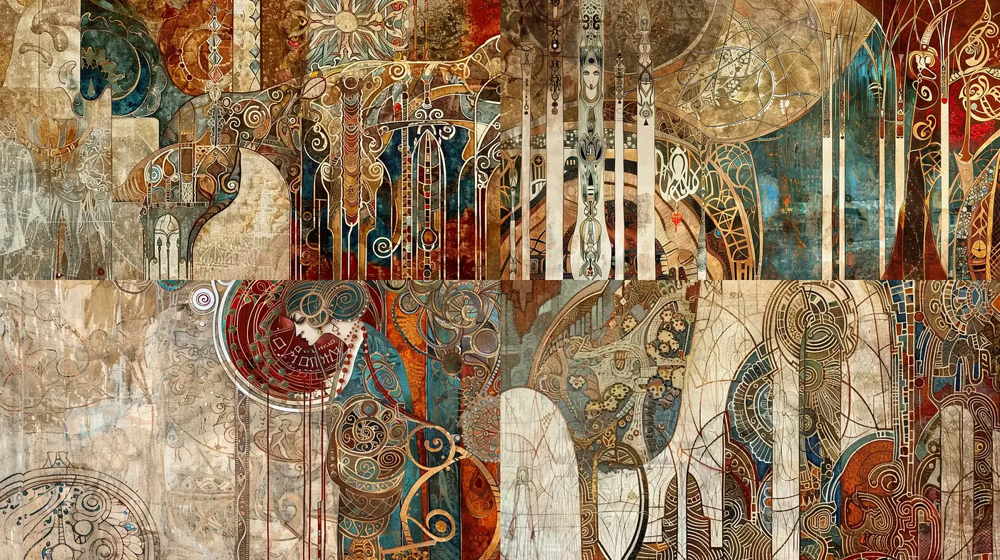 Ancient Manuscript Elegance with Ornate Symbolism and Rustic Tones - Midjourney sref style