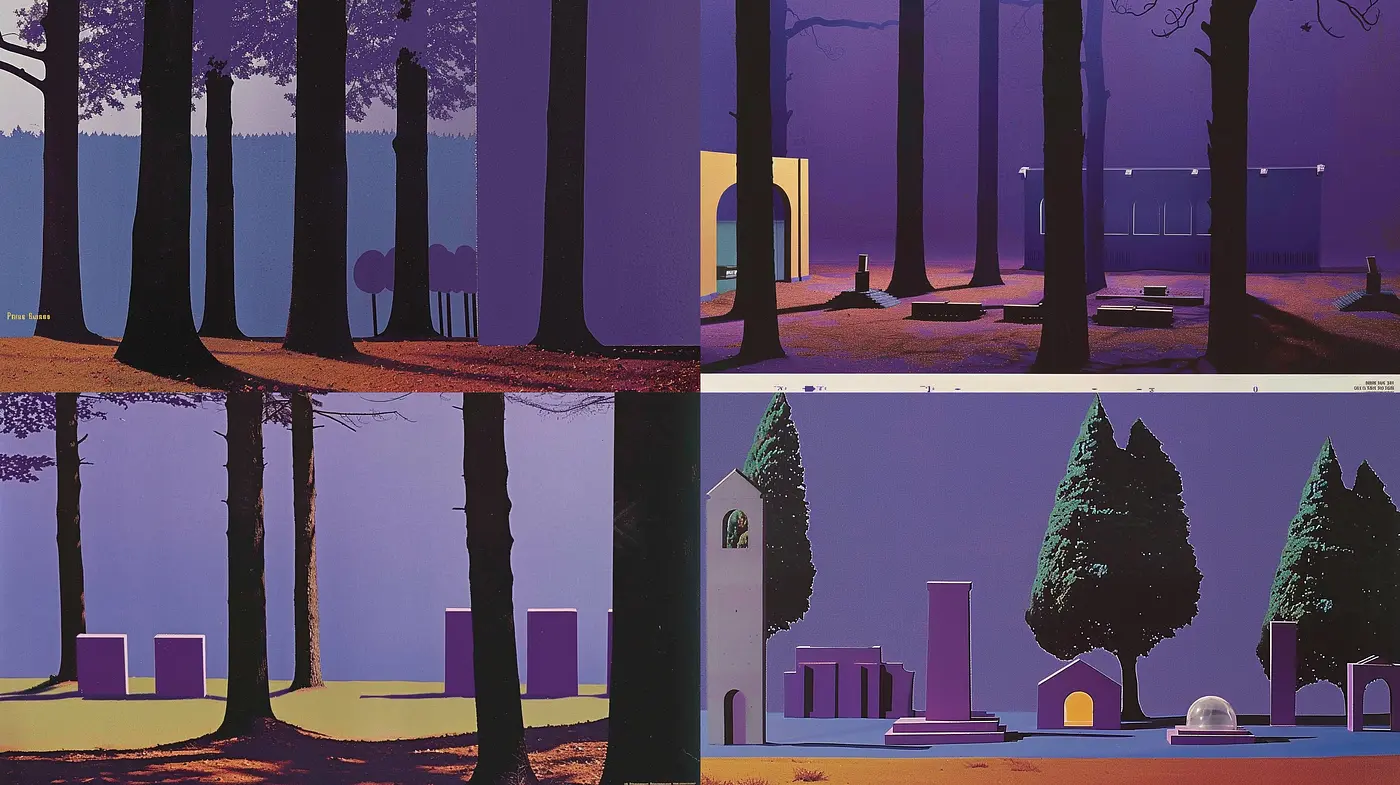 Twilight Serenity in Stylized Landscapes: A Harmonious Blend of Muted Purples and Blues Casting Calmness - Midjourney sref style