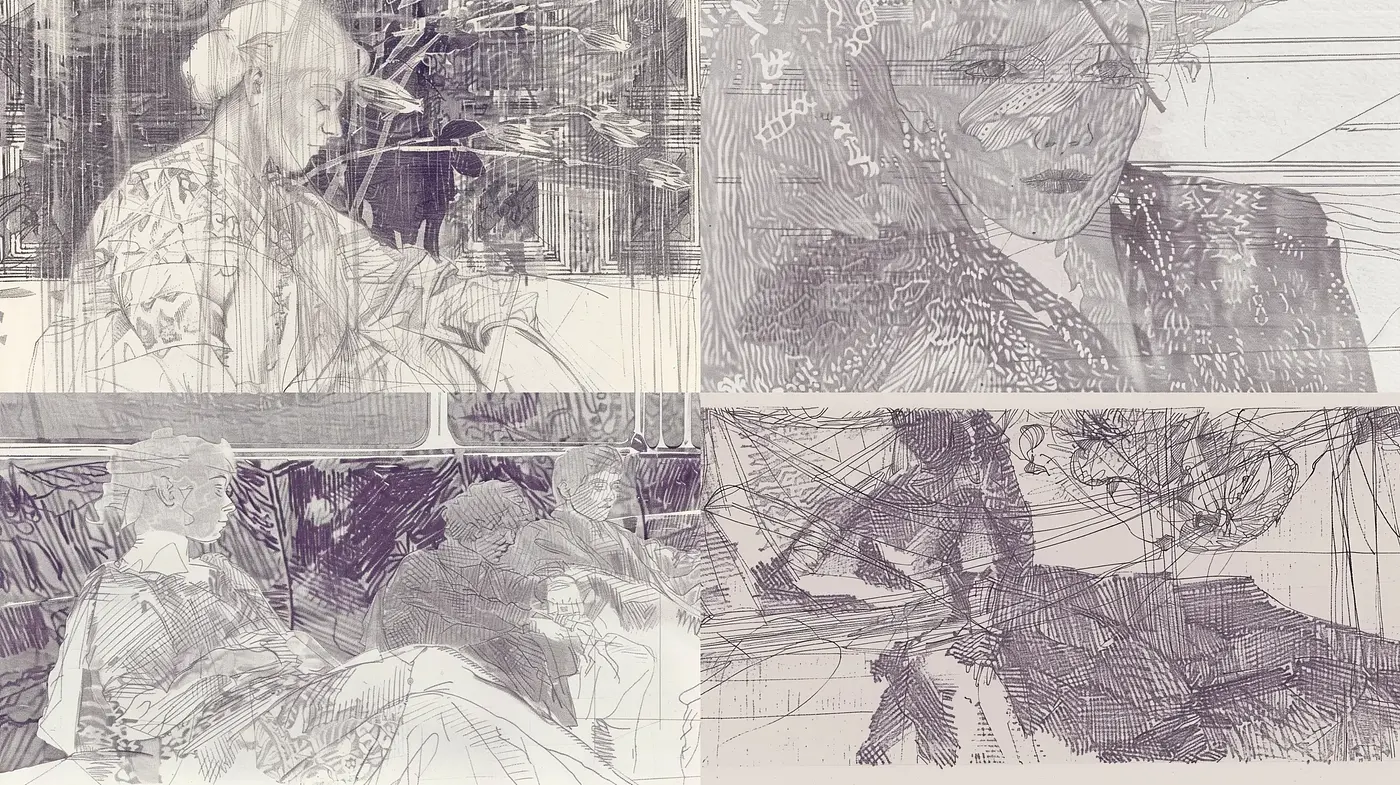 Sketch-like Imagery with Monochromatic Harmony and Dynamic Texturing - Midjourney sref style