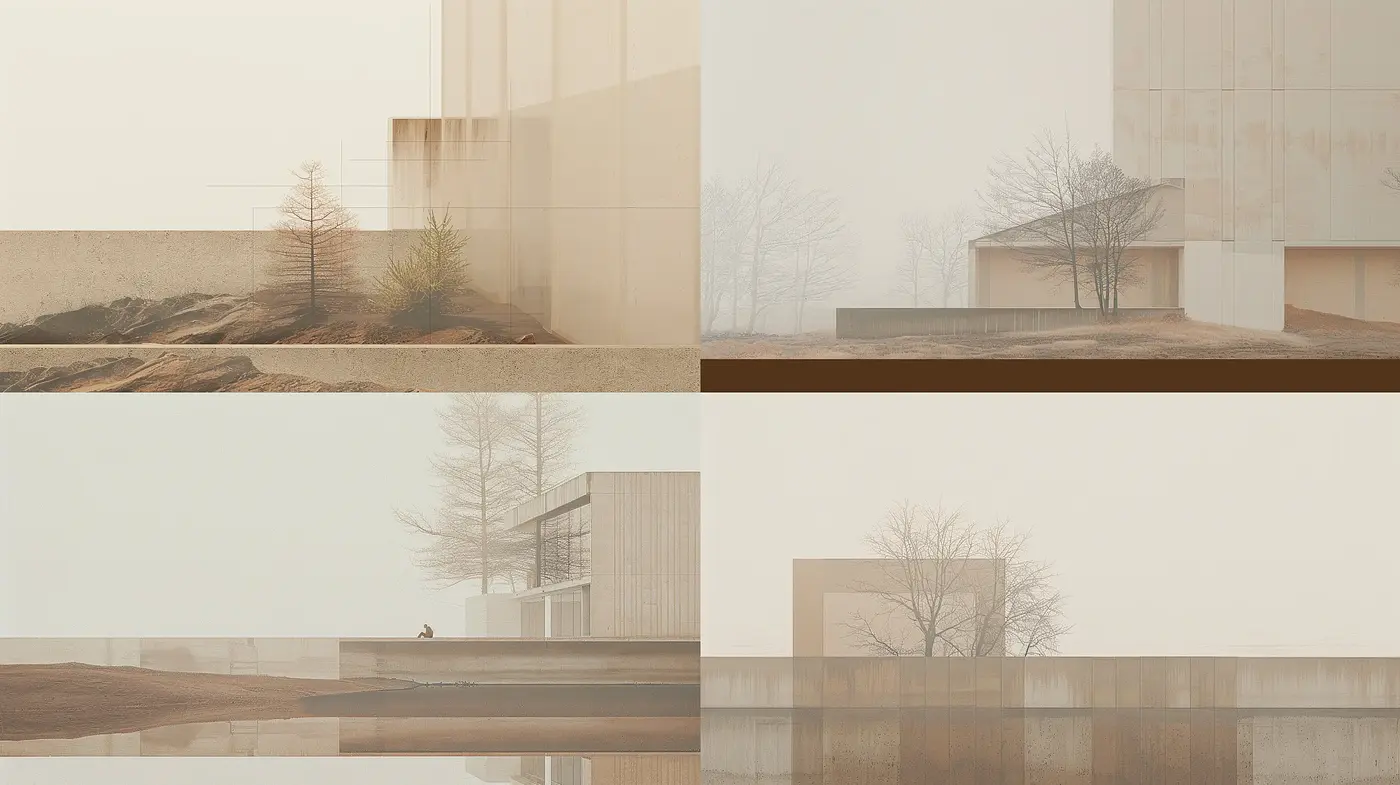 Misty Architectural Serenity: Homogenized Visions of Abstracted Structures - Midjourney sref style