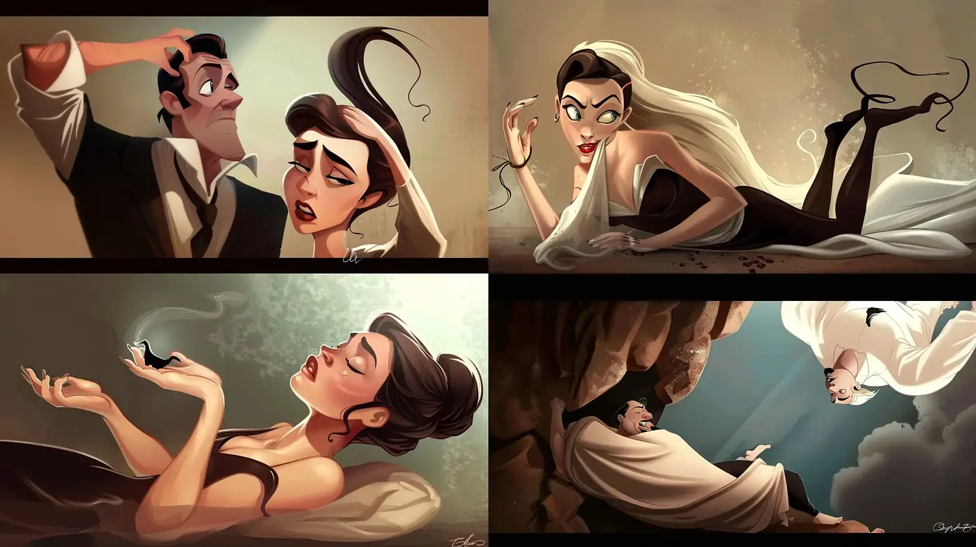Elegant Animated Tale: A Study in Stylized Nostalgia and Expressive Cinematography - Midjourney sref style