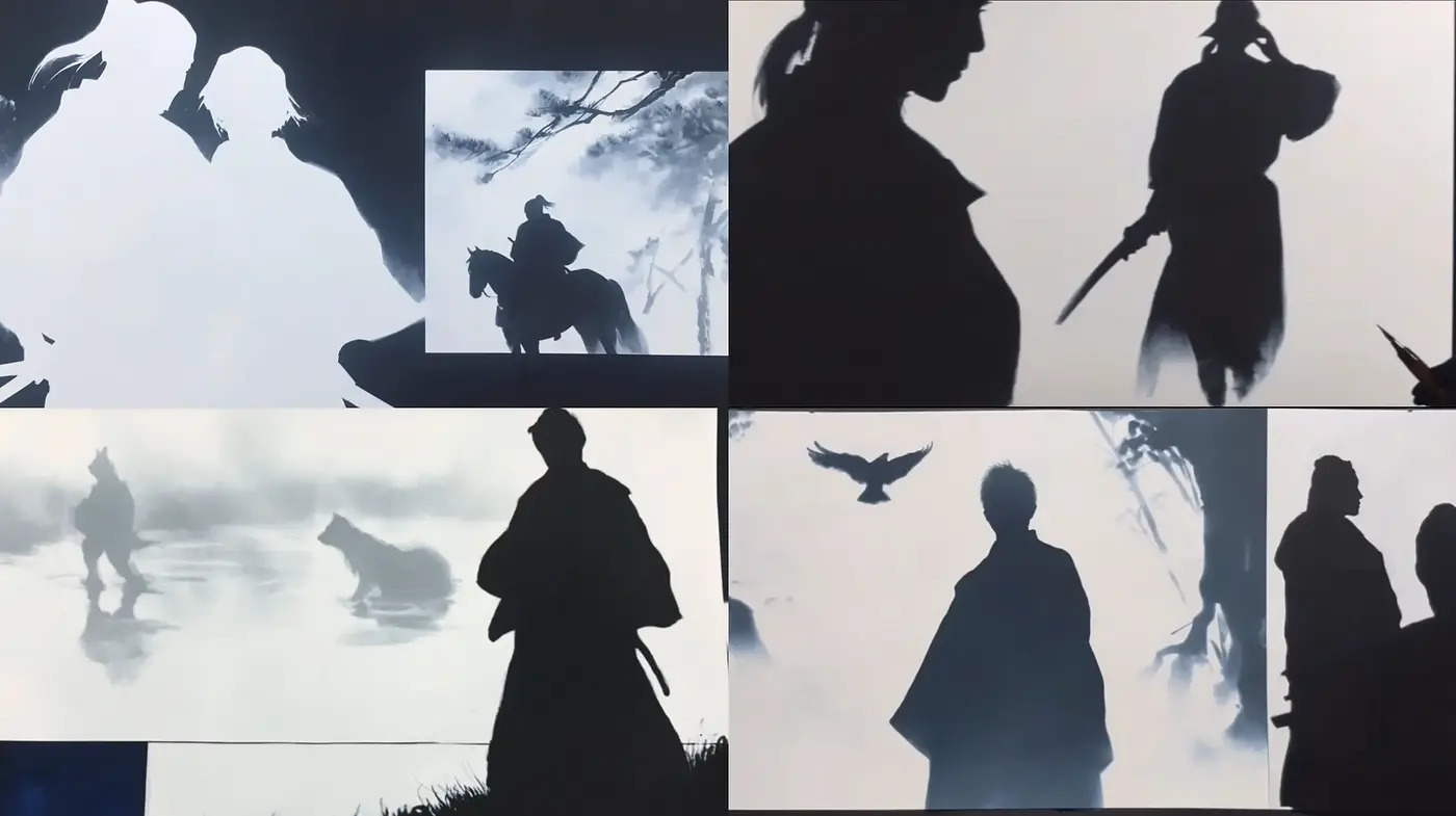 Dynamic Silhouette Art with Ethereal Atmosphere and Historical Context - Midjourney sref style