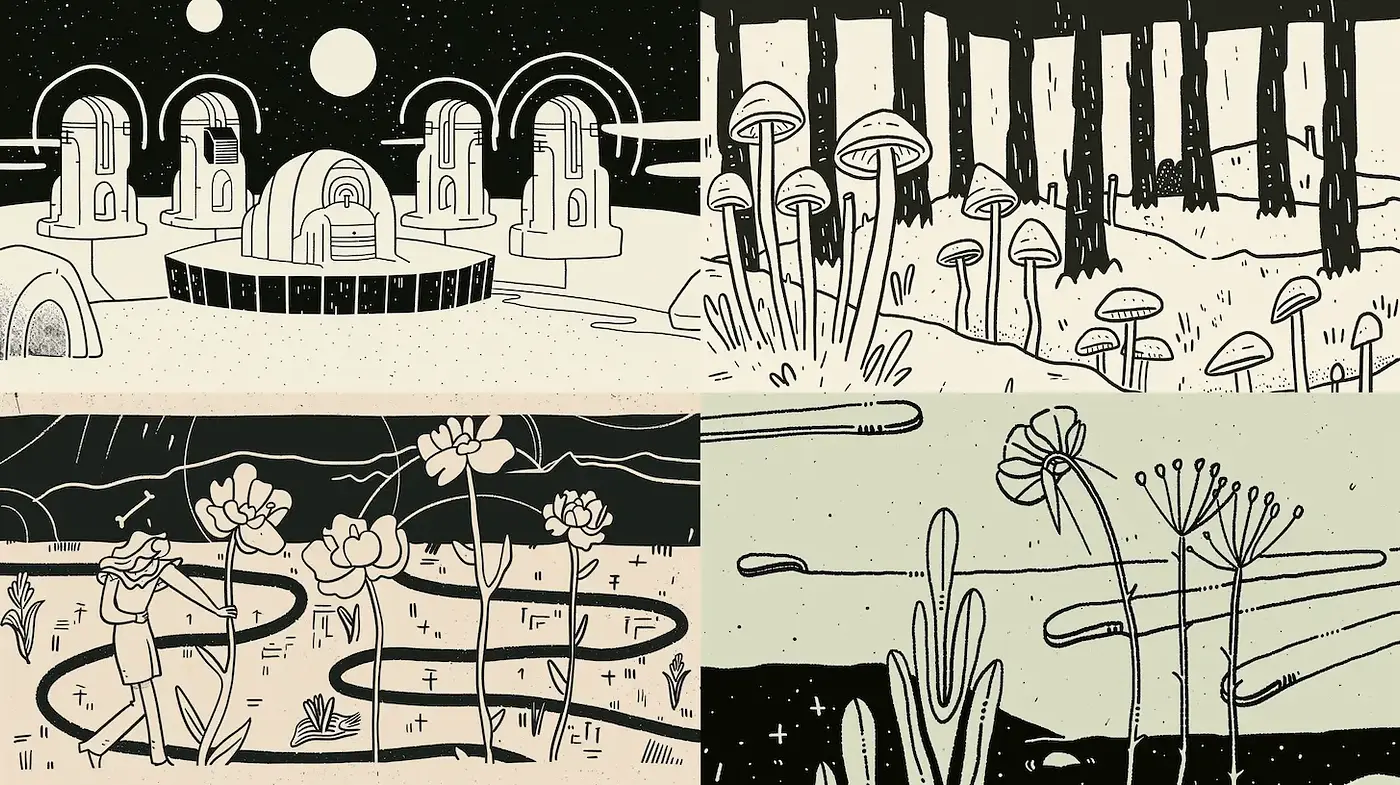 Stylized Minimalist Landscapes with a Surreal Touch - Midjourney sref style