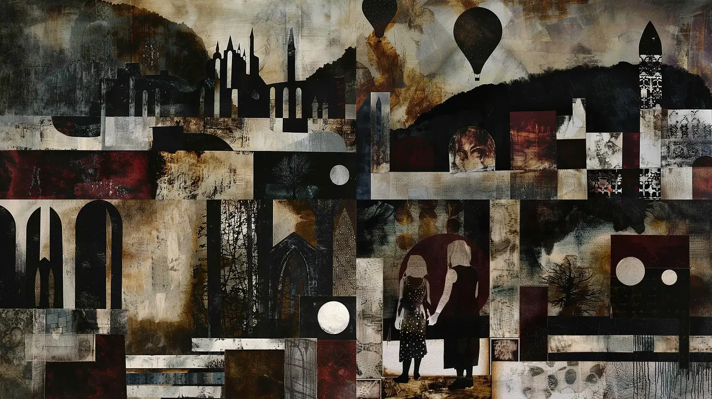 Collaged Remnants of Time: A Tapestry of Historical Textures and Shadows - Midjourney sref style