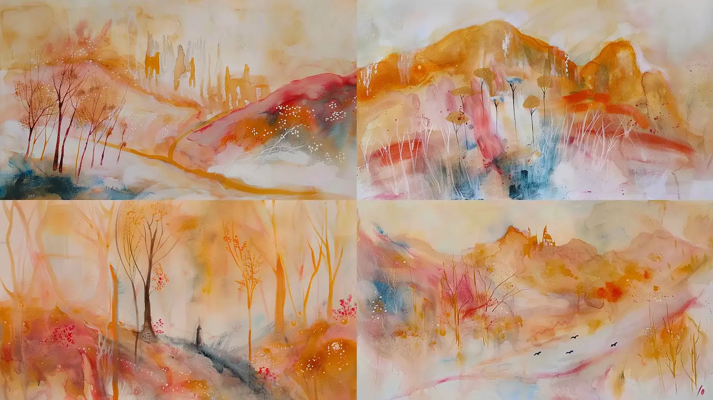 Warm-Toned Watercolor Dreamscapes with Ethereal Expressiveness - Midjourney sref style
