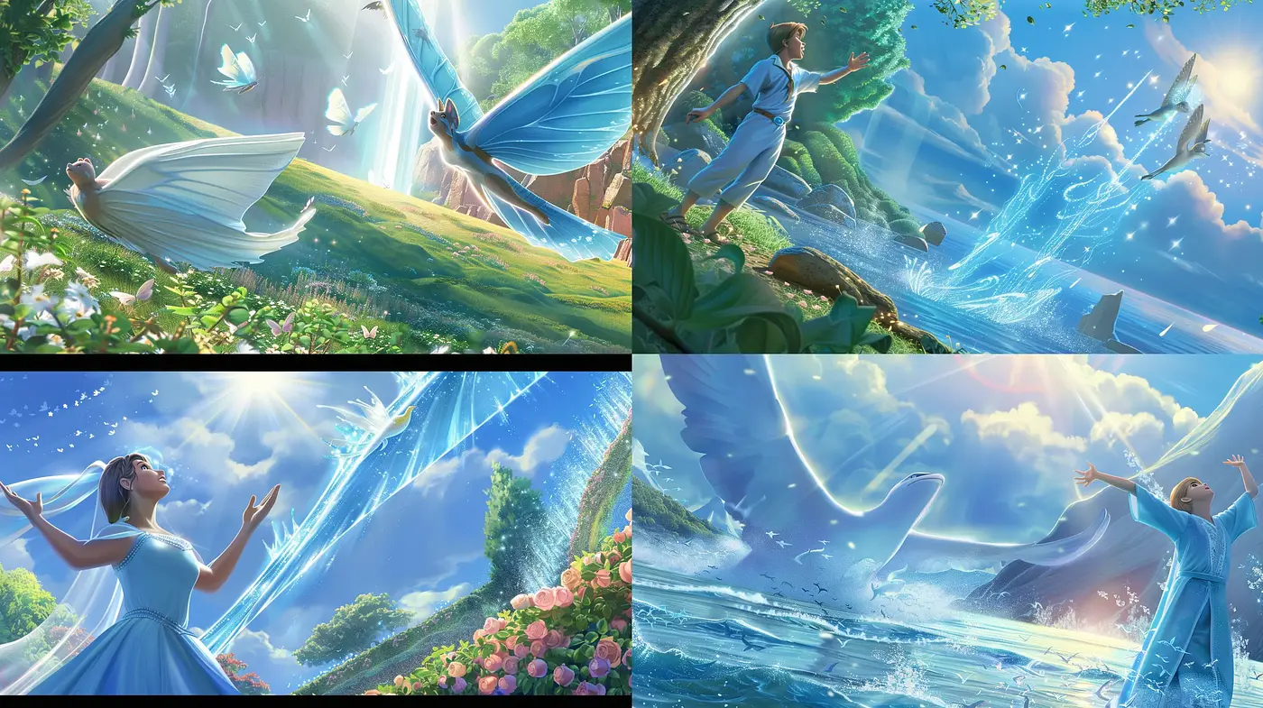 Ethereal Light and Dreamscape Fantasy: A Visual Ballet of Blues and Greens - Midjourney sref style
