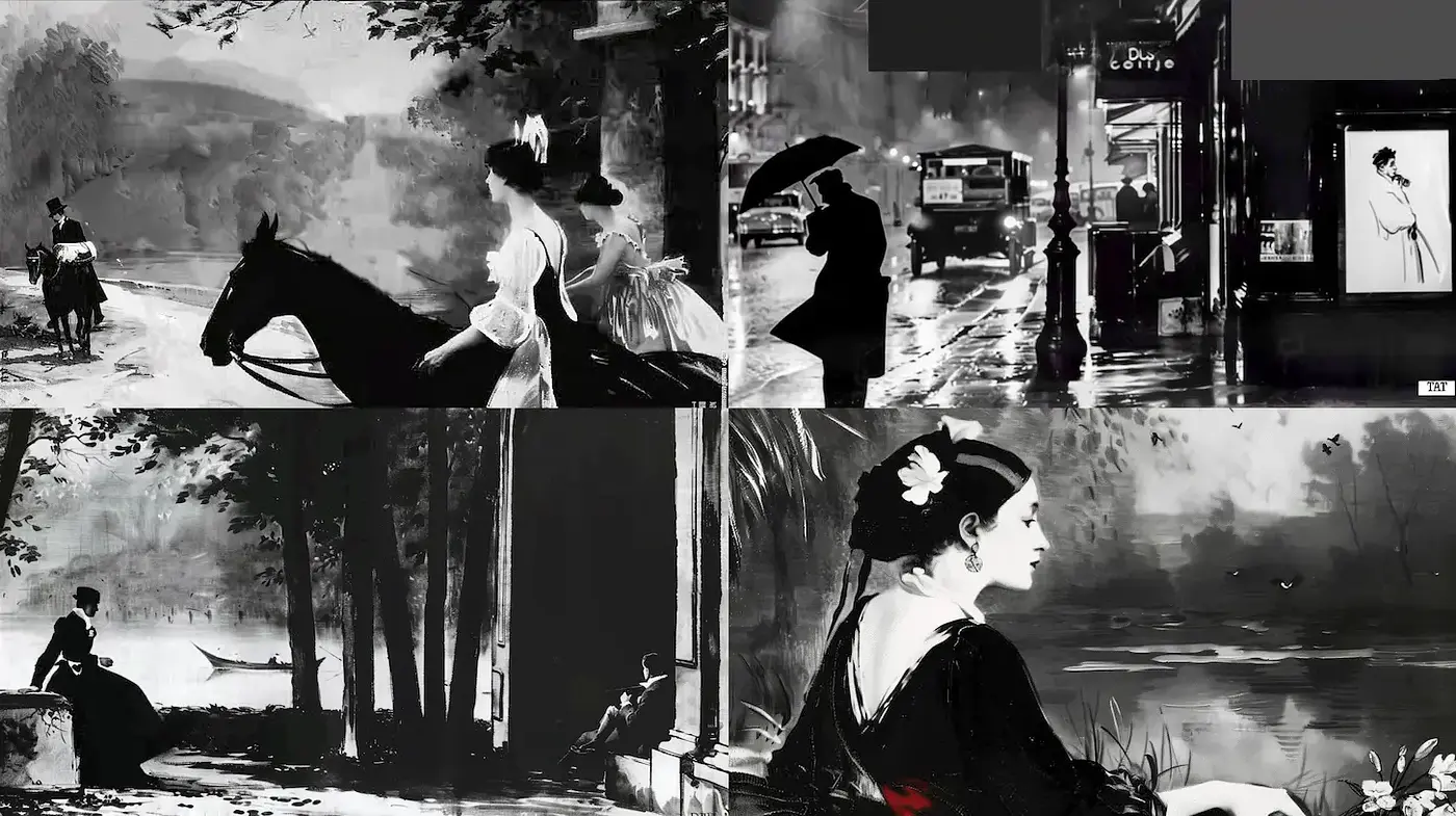 Elegant Noir Aesthetics With Classic Charm and Subtle Emotion - Midjourney sref style