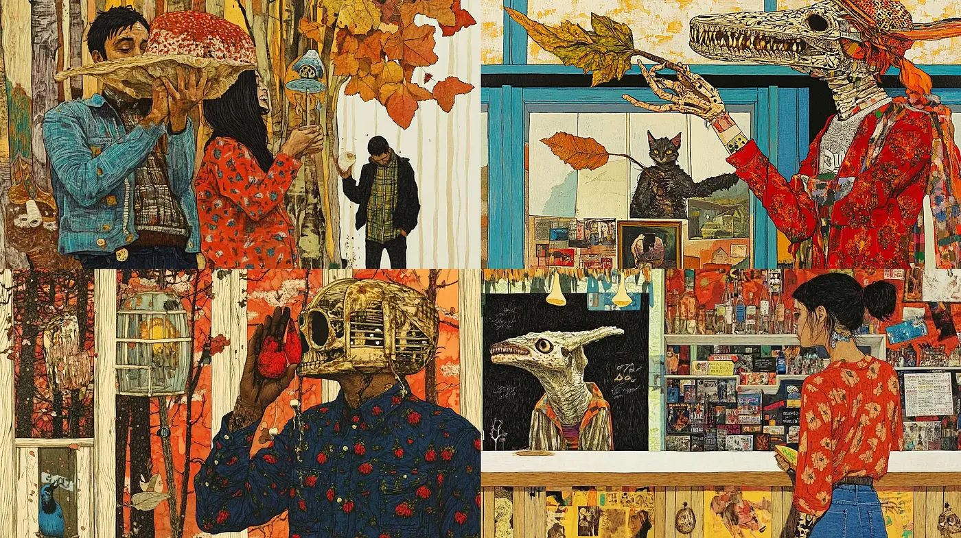 Surreal Anthropomorphic Collage with Vintage Undertones - Midjourney sref style
