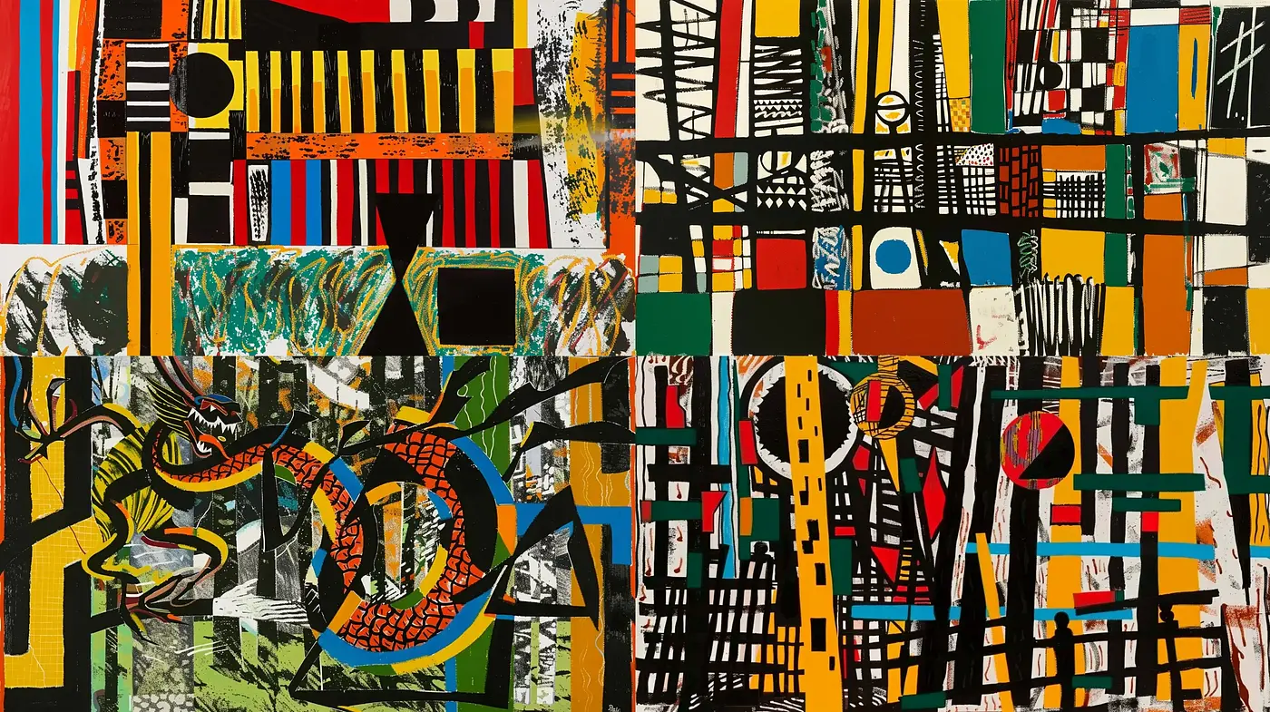 Abstract Geometric Collage with Vibrant Contrasts and Textural Complexity - Midjourney sref style