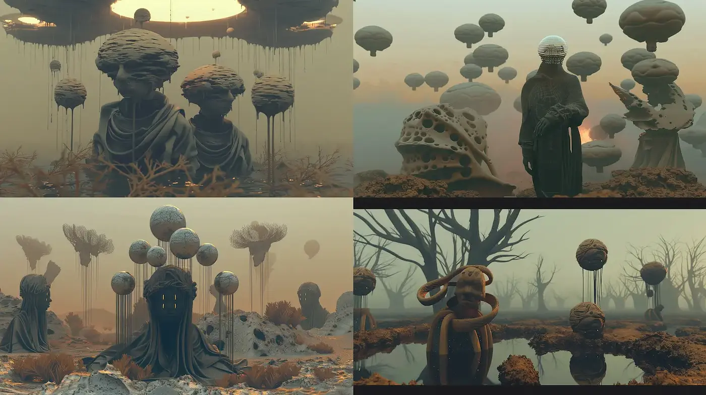 Surreal, atmospheric landscapes with organic forms and ethereal qualities - Midjourney sref style