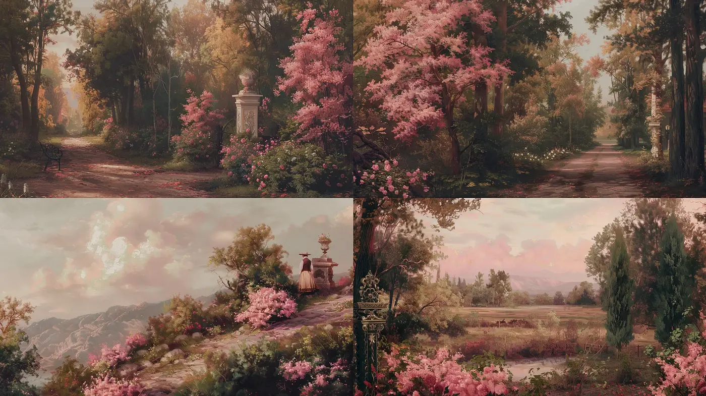 Consistent Blossom Hues in Pastoral Landscapes: An Exploration of Romantic Naturalism - Midjourney sref style
