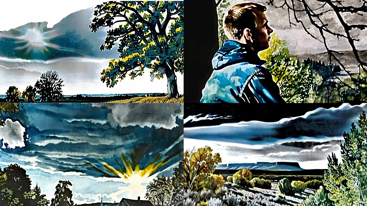 Ethereal Lightscapes and Silhouettes: A Meld of Cel-Shading and Expressionism - Midjourney sref style