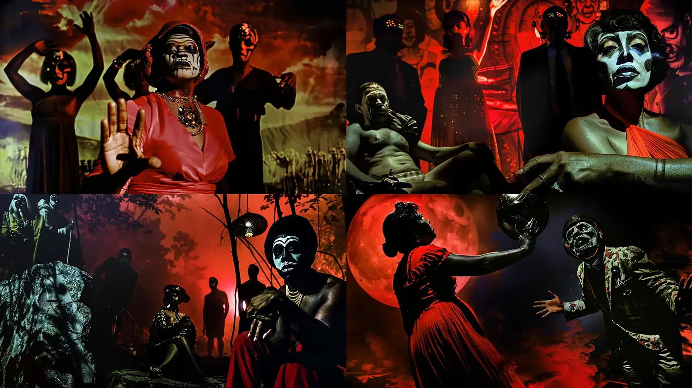 Eerie Nocturne: A Dance with Macabre Under the Crimson Moon - Midjourney sref style