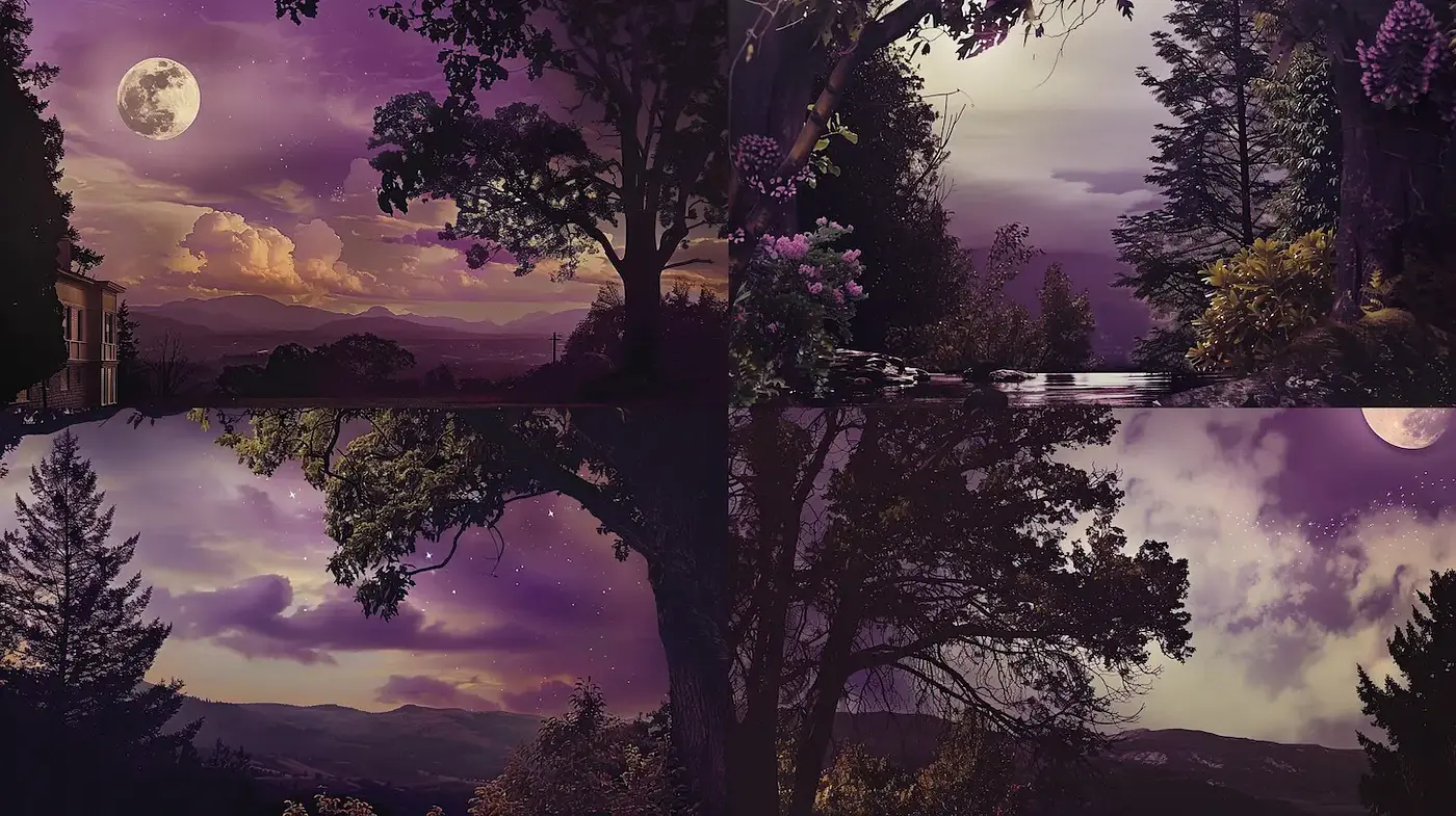Whimsical twilight landscapes with a dreamlike quality - Midjourney sref style
