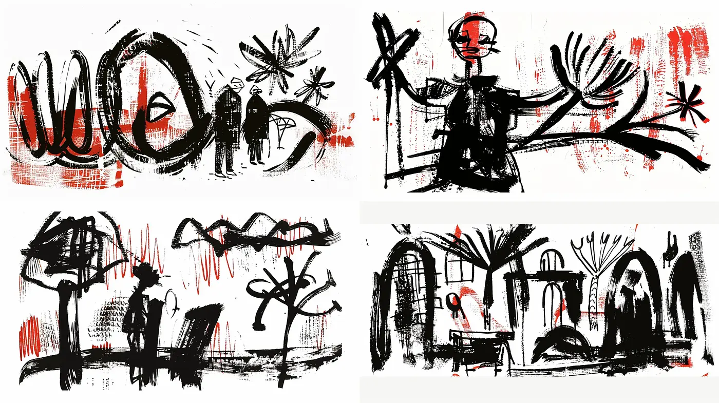 Dynamic Brushstrokes and Contrasted Scribbles in Monochrome Expressionism - Midjourney sref style