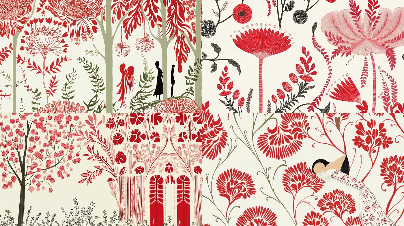 Intricate Floral Designs with Bold Red Accents on Soft Neutrals - Midjourney sref style