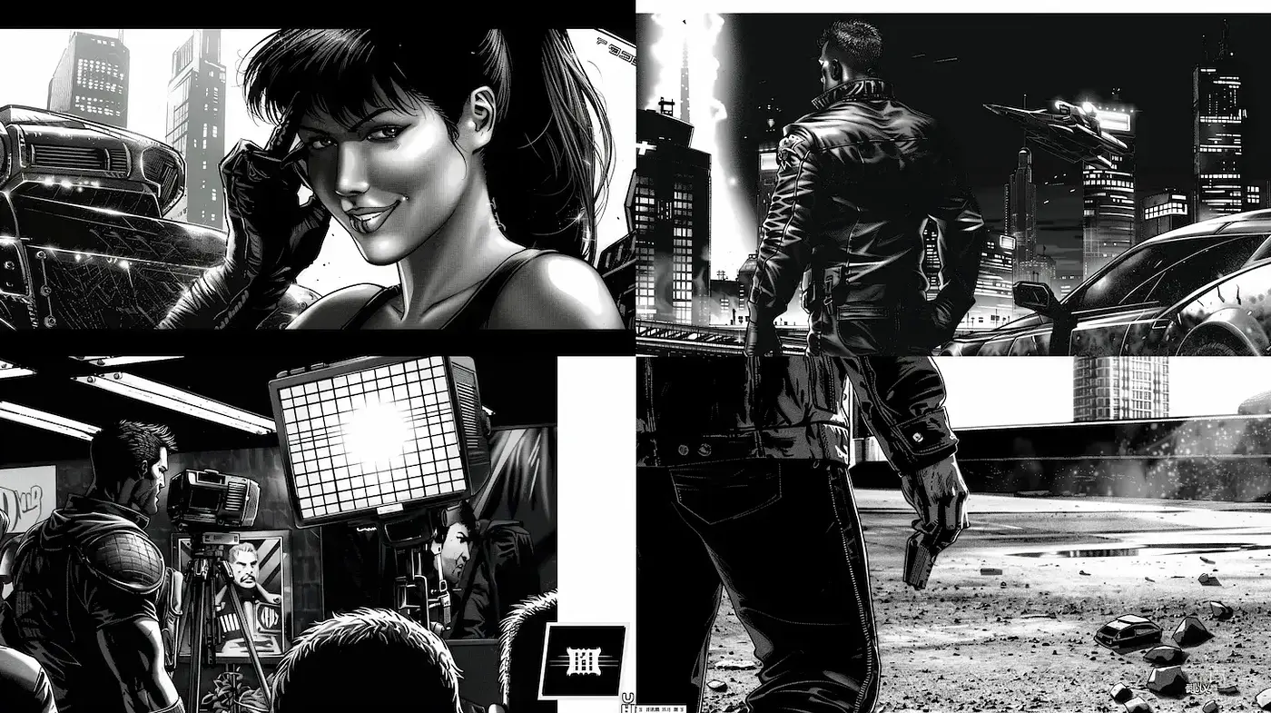 Bold Black and White Comic Noir Style with Retro Influences - Midjourney sref style