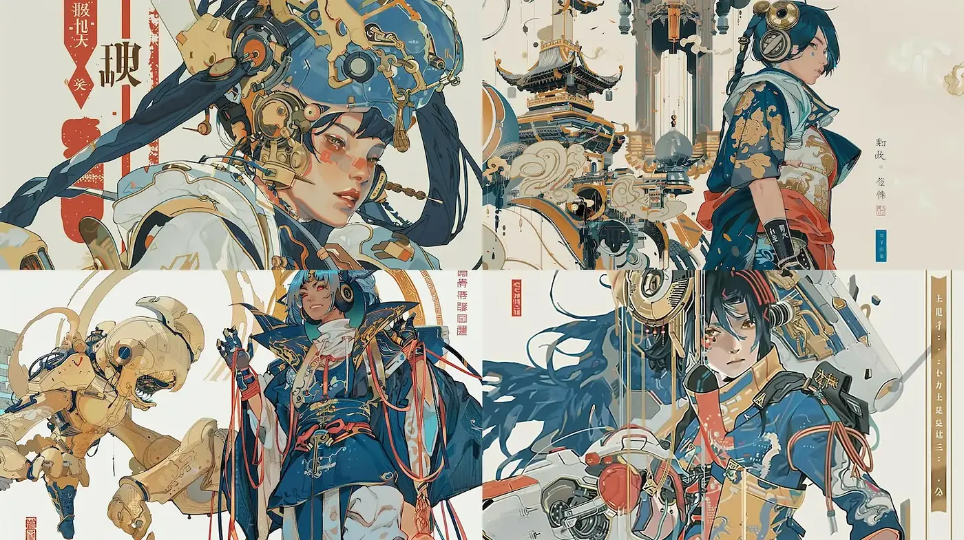 Futuristic Asian-Inspired Art with Intricate Details and Expressive Characters - Midjourney sref style
