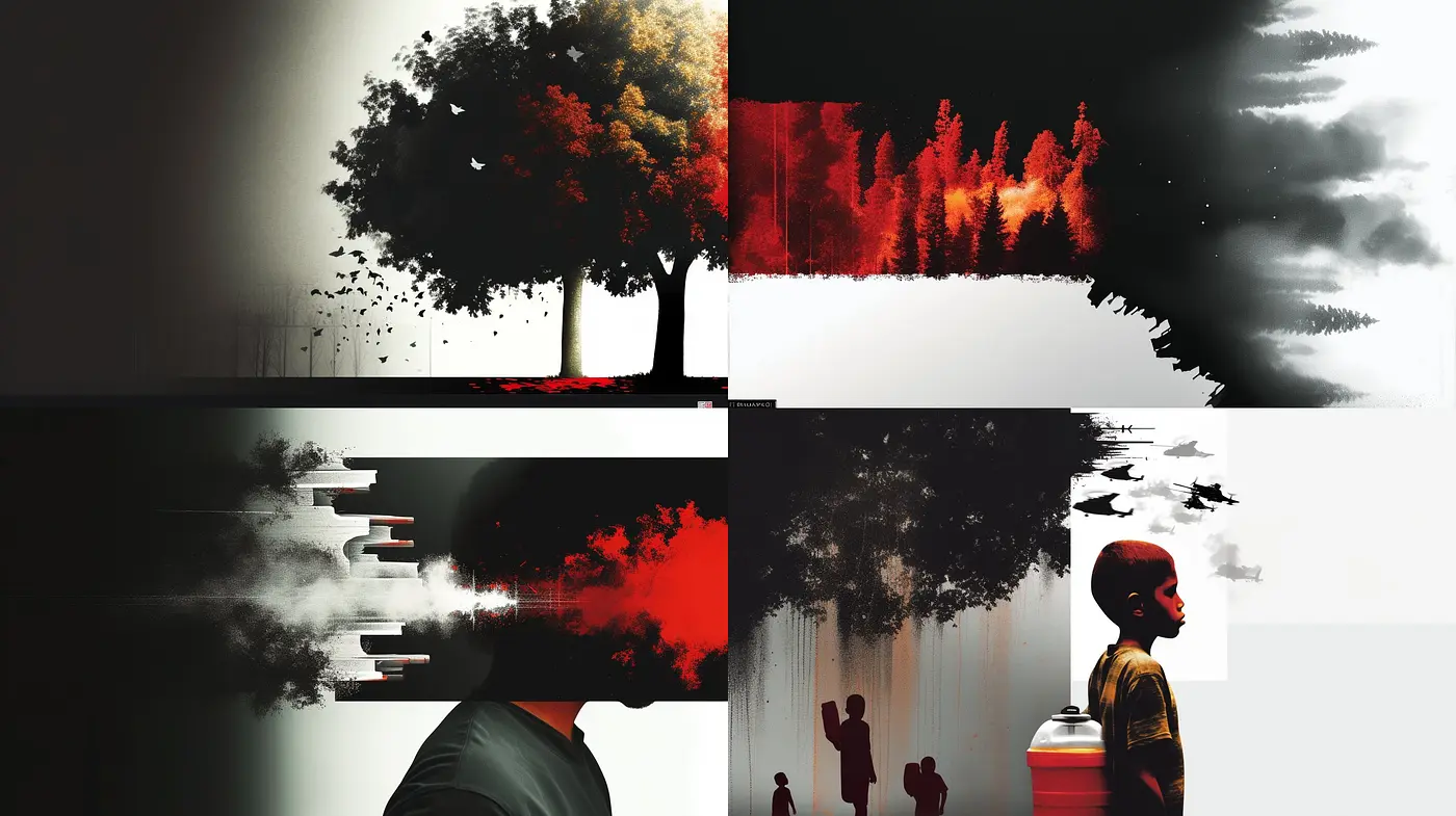 Stark Contrast in Textured Red and Monochrome: A Merging of Styles and Emotions - Midjourney sref style
