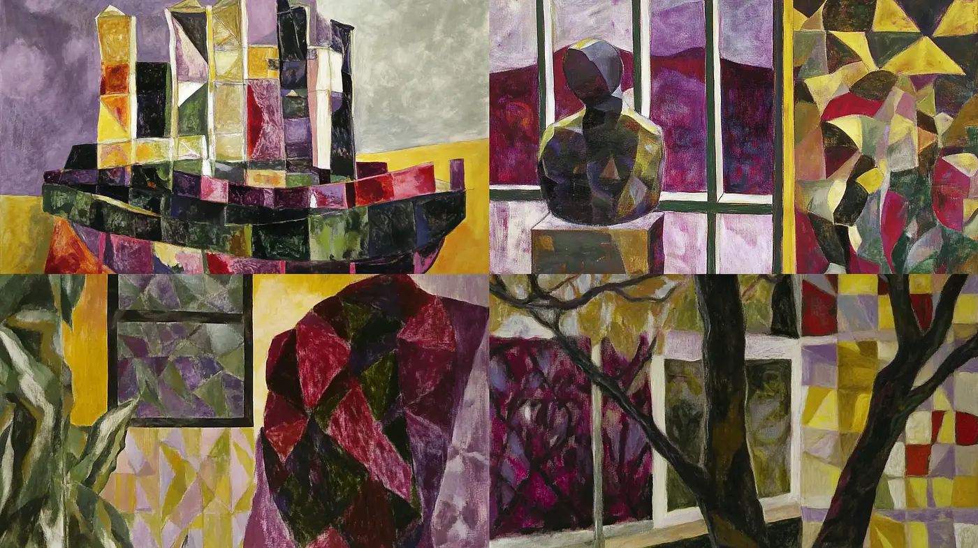 Fragmented Realities in Vivid Hues: A Modern Cubist Tapestry - Midjourney sref style