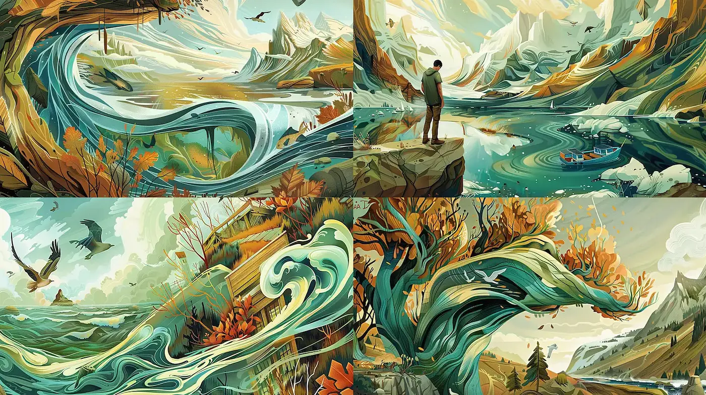 Dynamic Natural Landscapes with Fluid Motion and Vibrant Colors - Midjourney sref style