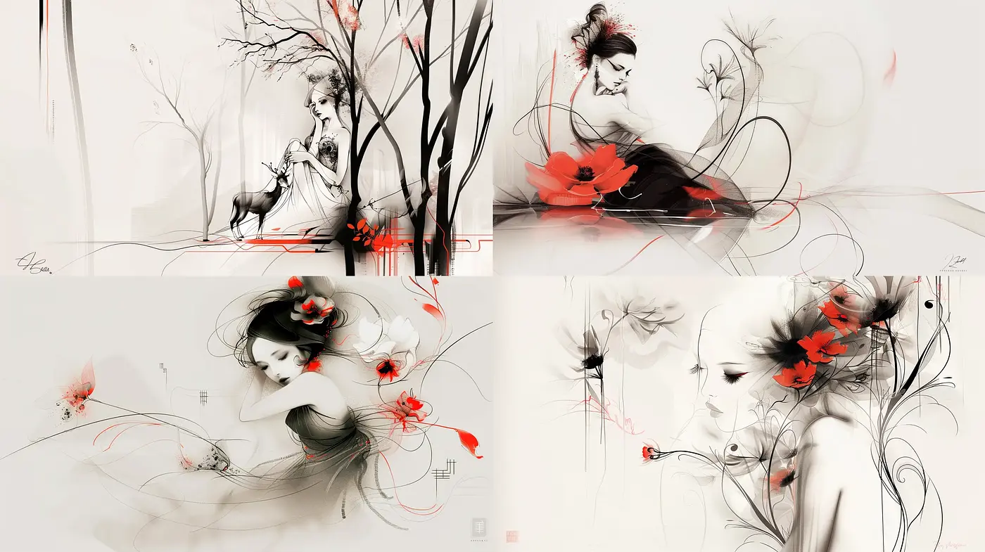 Ephemeral Ink Wash: Ethereal Forms Meandering in Monochrome Dreams with Splashes of Crimson - Midjourney sref style
