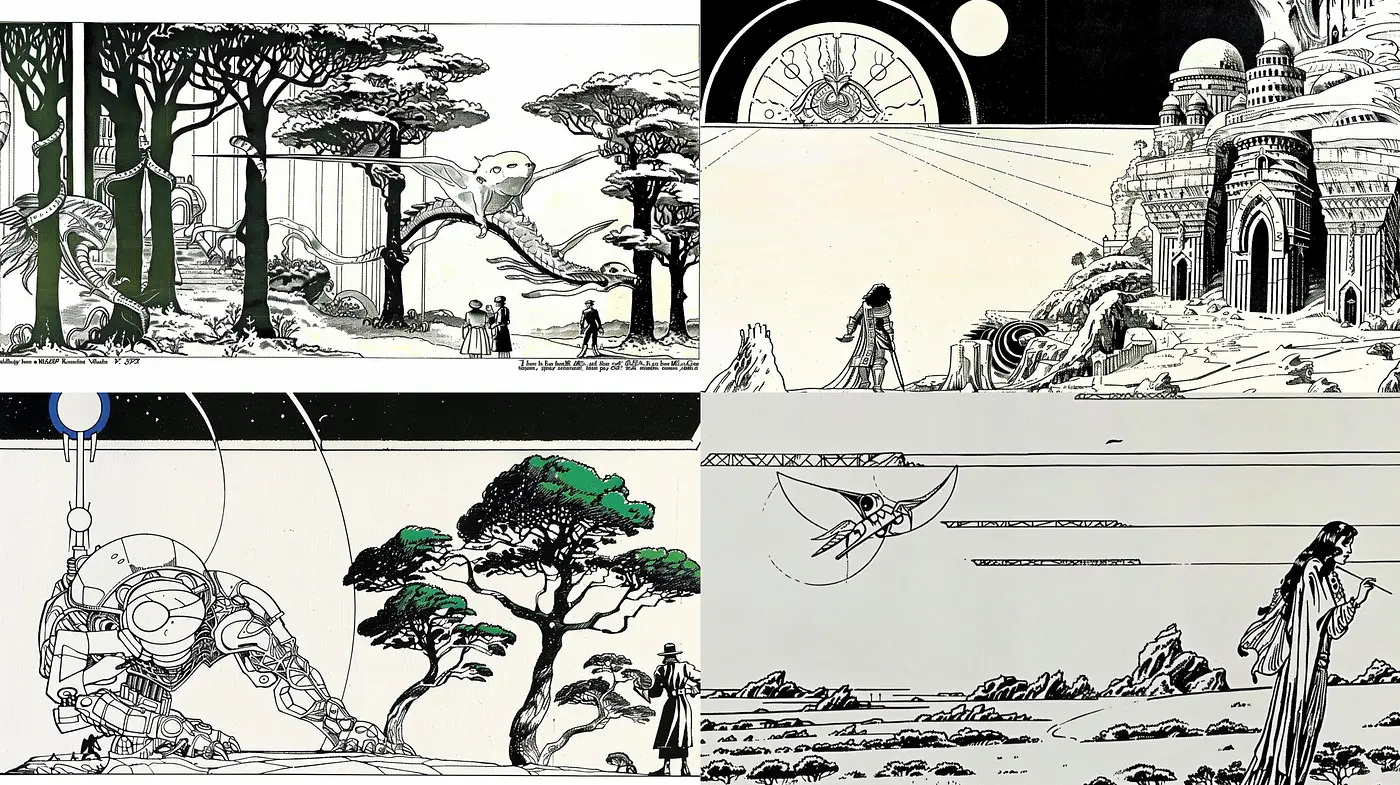 Monochrome Dreamscape: A Fusion of Sci-Fi and Natural World Imageries in Ink - Midjourney sref style