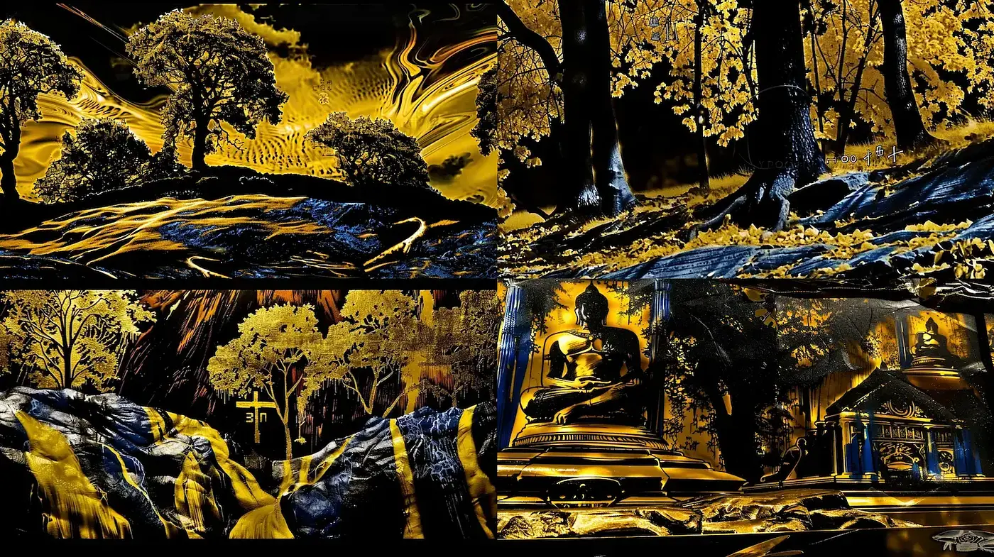 Radiant Golden Landscapes with Mystical Elements - Midjourney sref style