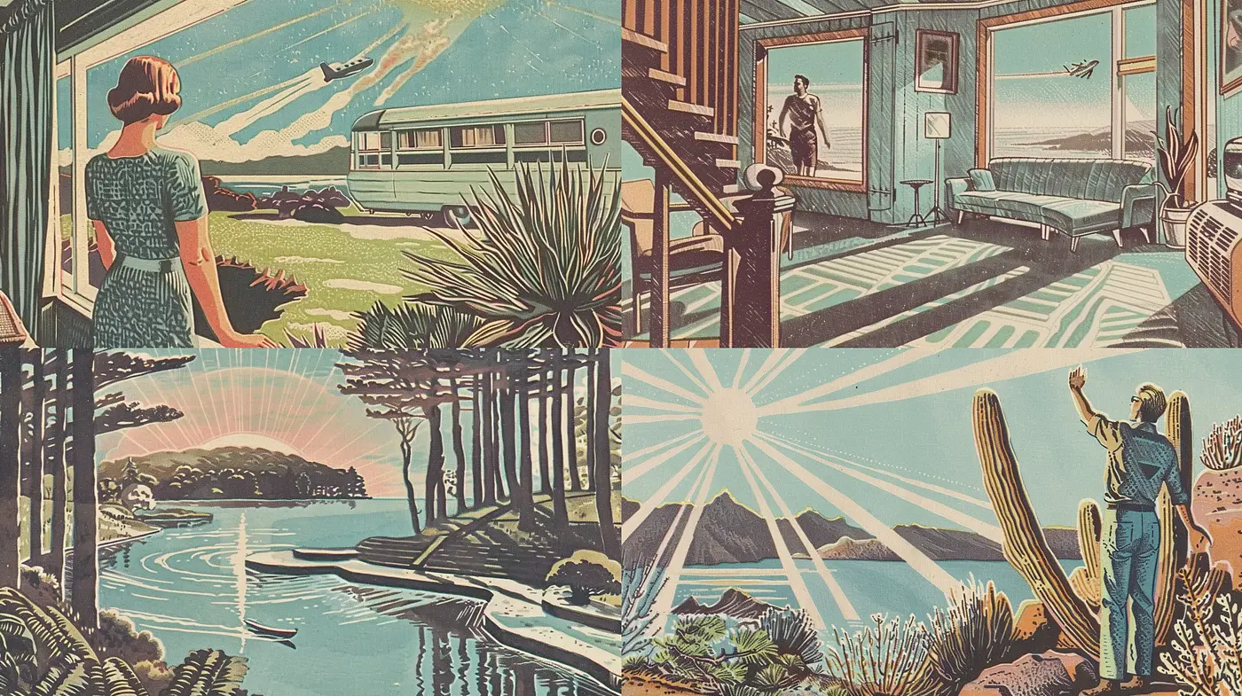 Retro-Futuristic Serenity: A Homage to Mid-Century Travel Posters - Midjourney sref style