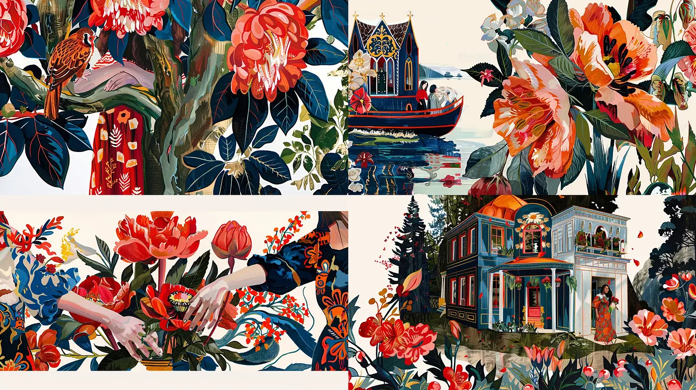 Eclectic Botanical Tapestry: A Fusion of Nature and Ornamentation in Vivid Hues - Midjourney sref style