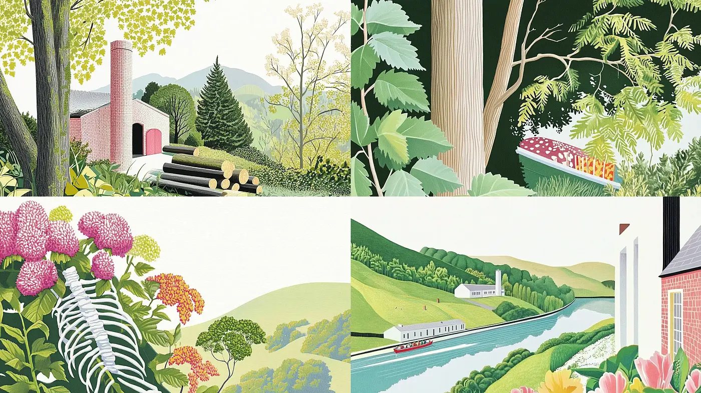 Serenely Stylized Pastoral Vistas: A Harmonious Blend of Vintage Charm and Graphic Illustration - Midjourney sref style