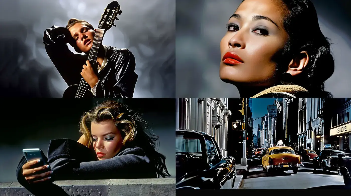 Cinematic Noir with a Contemporary Twist Infused with Glamour and Urban Charm - Midjourney sref style