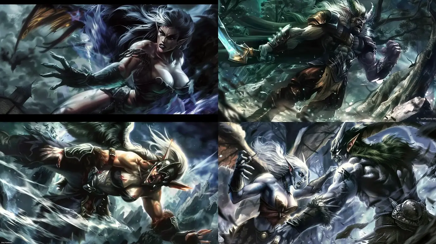 Dynamic Fantasia: A Fusion of Ethereal and Intense Visuals in Digital Illustration - Midjourney sref style