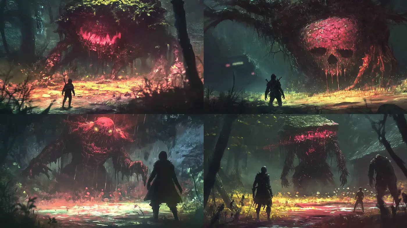 Ethereal Glow of Malign Fantasy: Consistency in Eerie Luminance and Shadow - Midjourney sref style