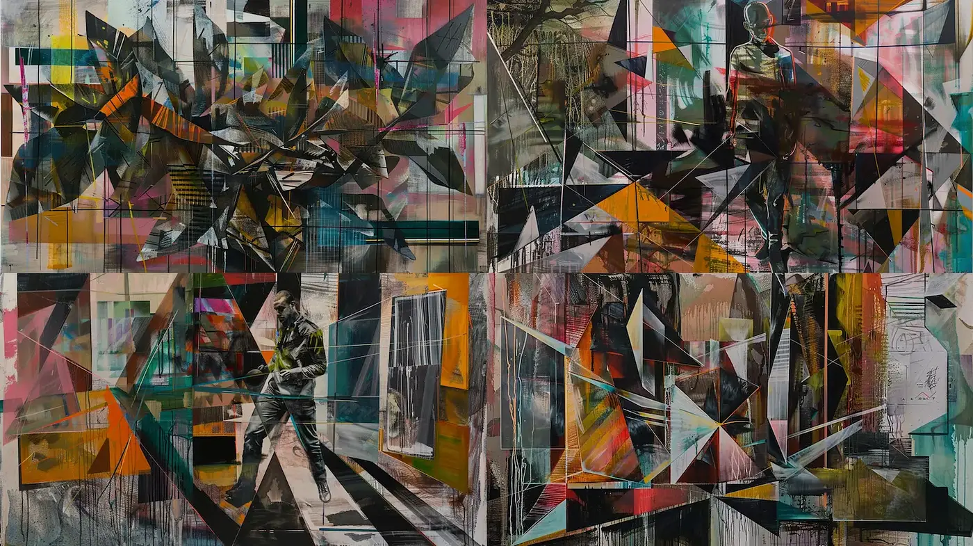 Dynamic Abstract Urban Composition with Geometric Elements - Midjourney sref style