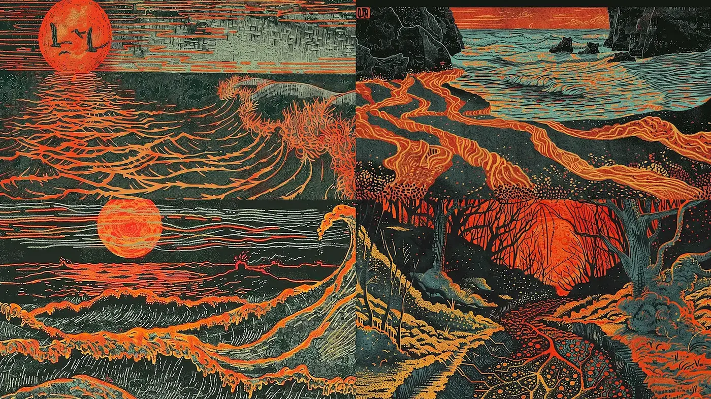 Ethereal landscapes illuminated by fiery sunsets - Midjourney sref style