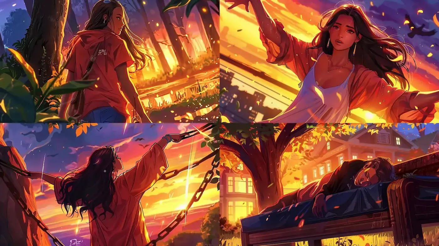 Vibrant sunset scenes featuring expressive characters in a dreamy atmosphere - Midjourney sref style