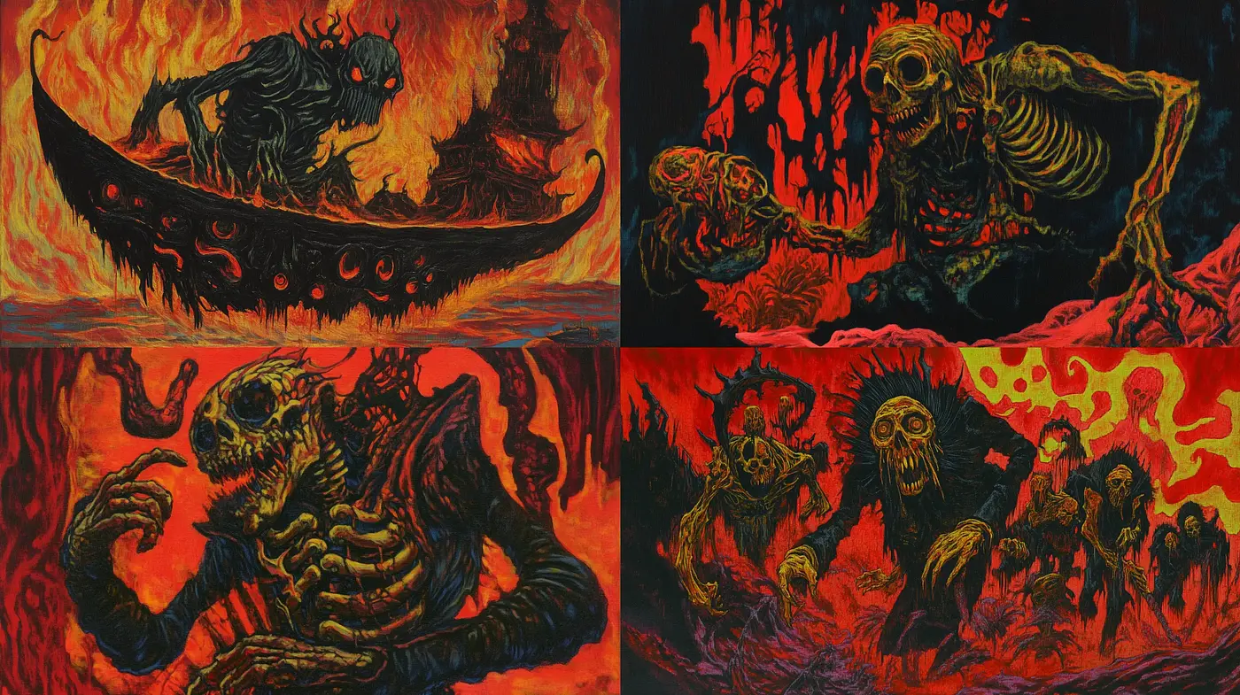 Eerie Inferno: Nightmarish Visions in a Hellish Landscape - Midjourney sref style