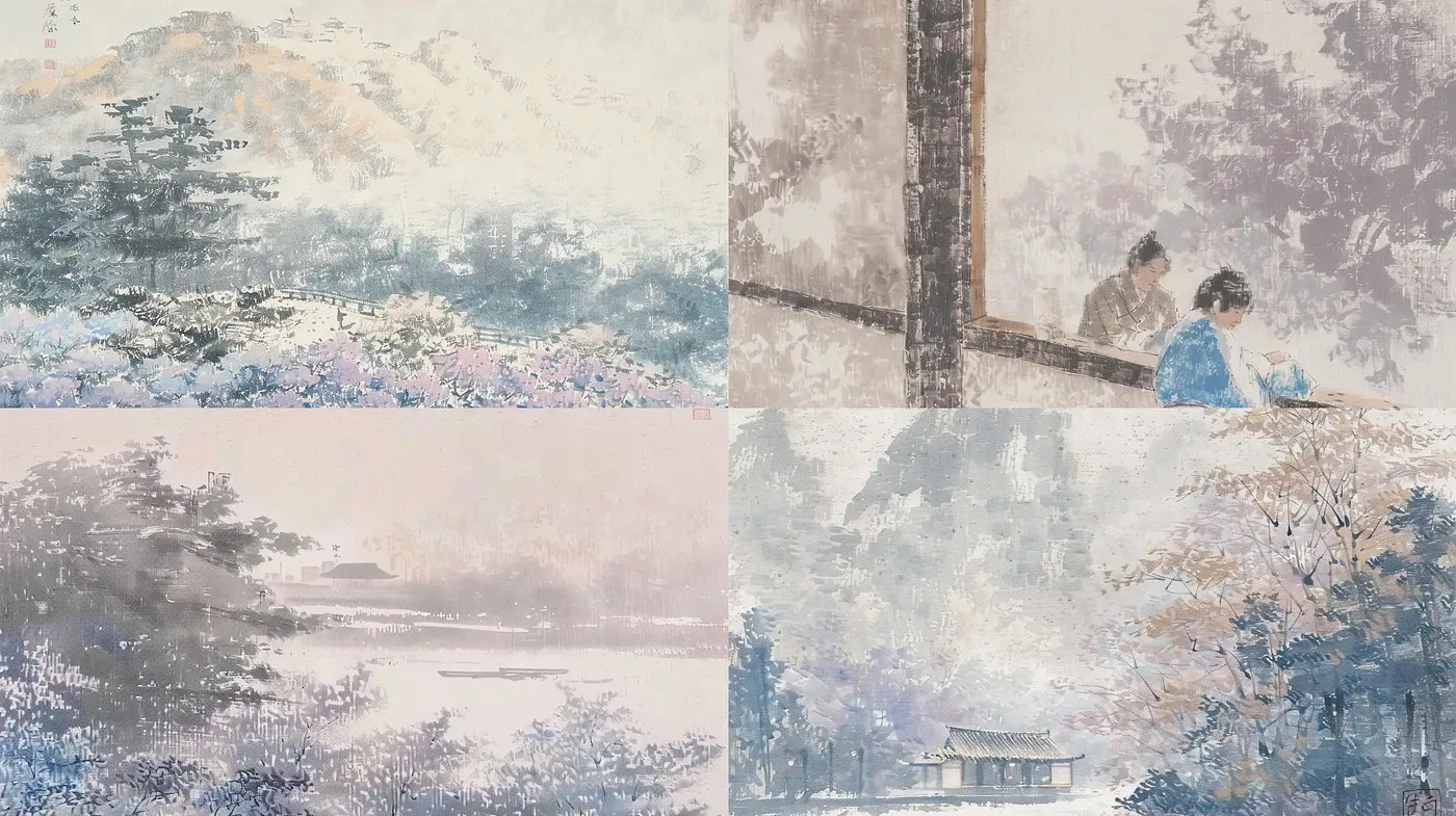 Ethereal Pastel Washes in Serene Landscape Interpretations - Midjourney sref style