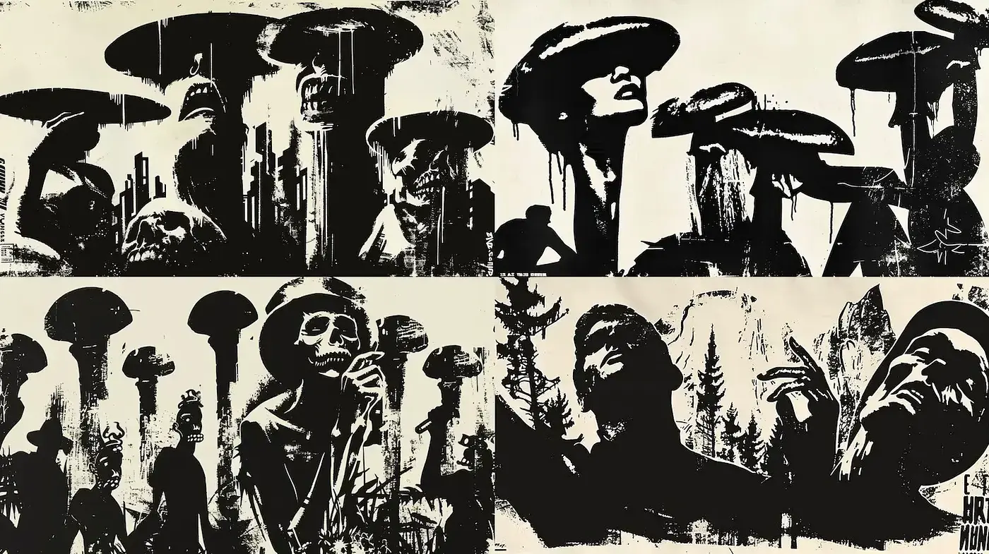 Mysterious and surreal monochrome visuals with a textured aesthetic - Midjourney sref style