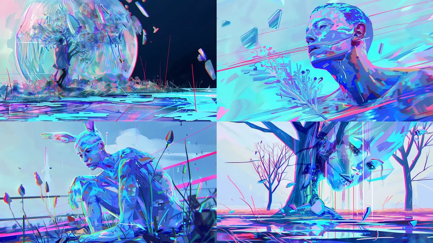 Ethereal Cybernetic Dreamscape: A Fusion of Digial Artistry and Surrealism - Midjourney sref style