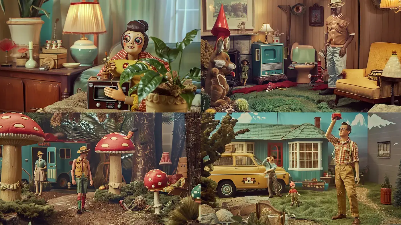 Whimsical Retro Scenes with Playful Nostalgia and Charming Details - Midjourney sref style