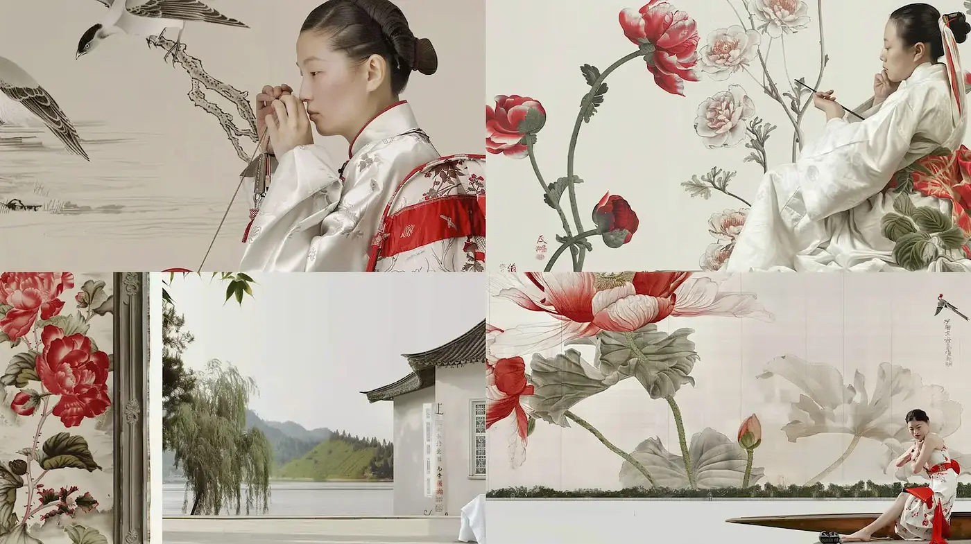 Serene Fusion of Traditional Elegance and Contemporary Aesthetics in Visual Art - Midjourney sref style